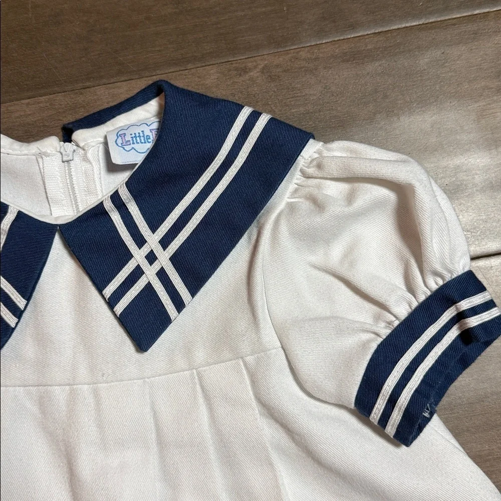 Vintage White Sailor Dress Navy Trim Puff Sleeve Size 3T